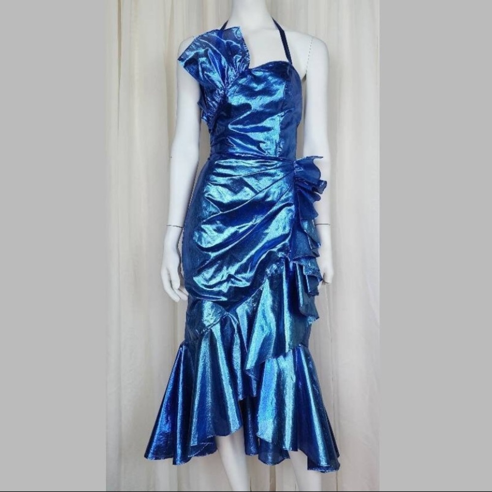 Vintage 80s Blue Disco Formal Ruffle Mermaid Party Costume Cocktail Dress, XS/S